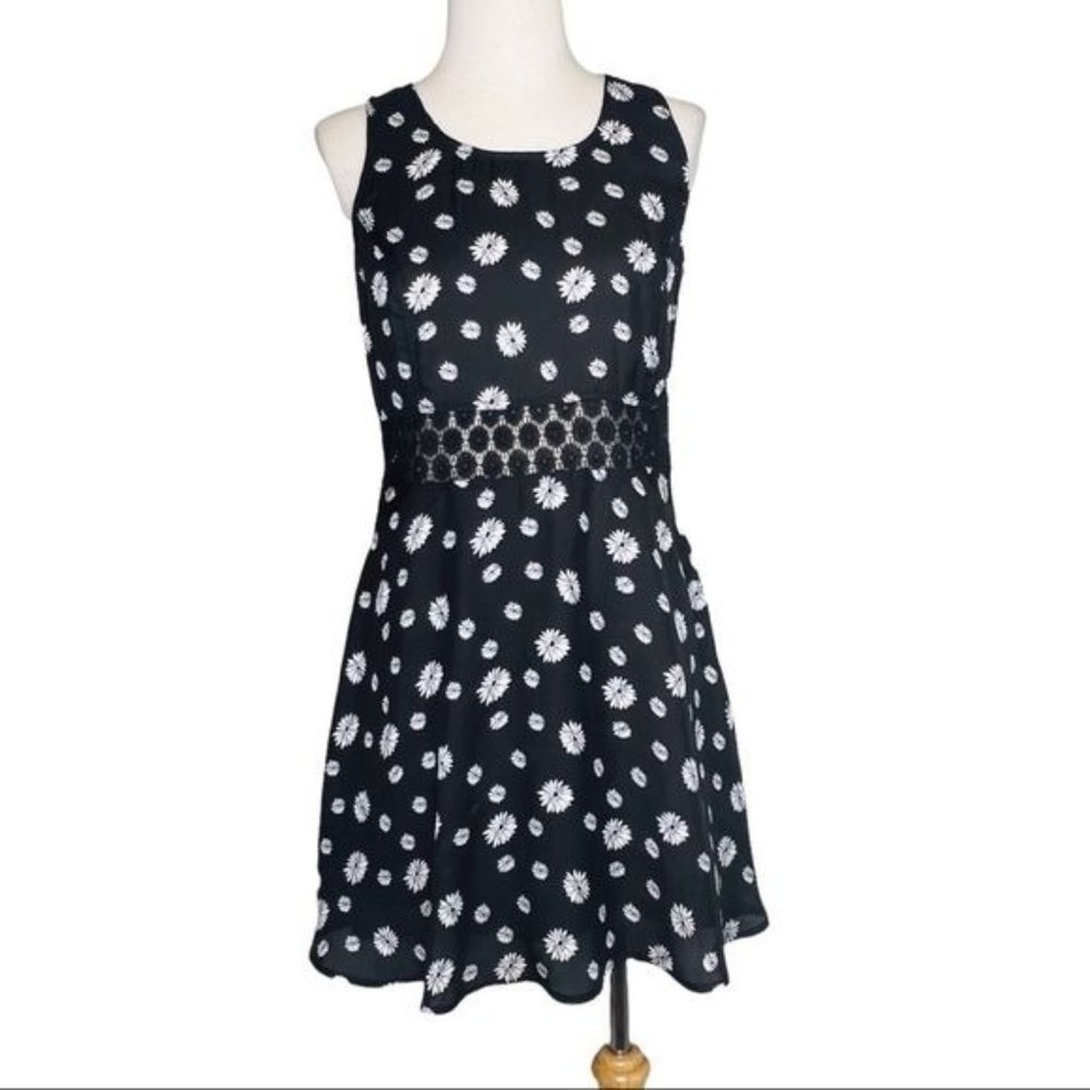 BB Dakota Jack A line Dress Lace Waist  Floral Skater Dress Black and White Sz.4